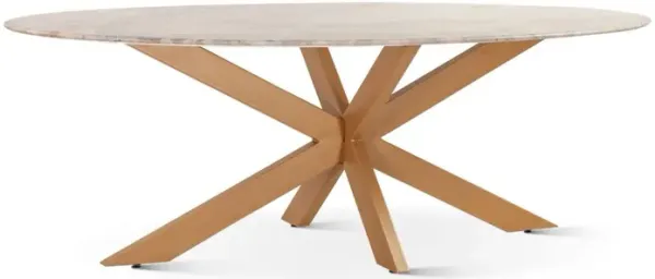 World Interiors Pasadena 90 Oval Dining Table in Sawar Marble and Iron with Antique Gold Finish