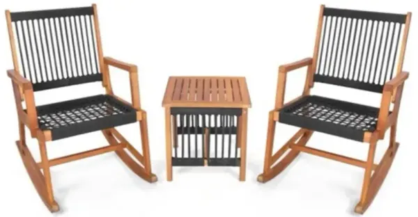 3 Piece Outdoor Wood Rocking Chair and Table Set for Patio and Garden