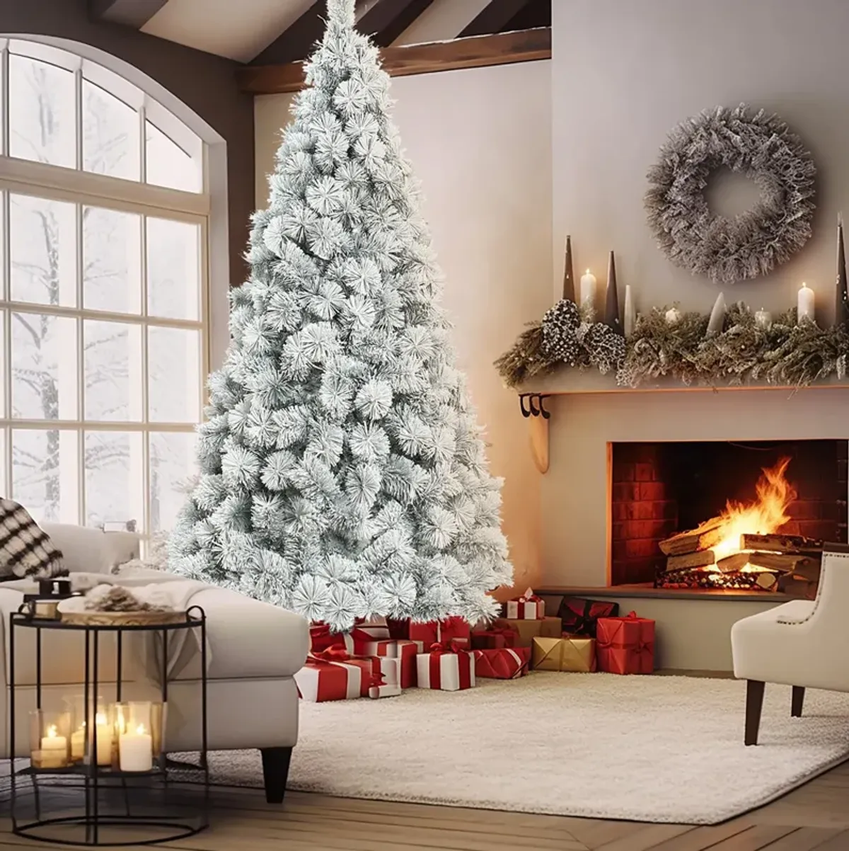 LuxenHome 7.7Ft Full Artificial Snow-Flocked Christmas Tree