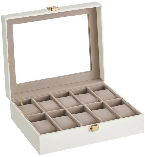 10-Slot Box with Glass Lid Jewelry Holder Case with Removable Pillow