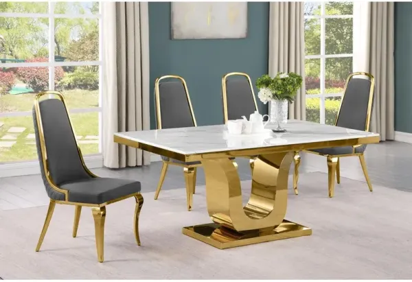 5pc Small(66") marble top dining set with gold base and 4 Dark grey side chairs