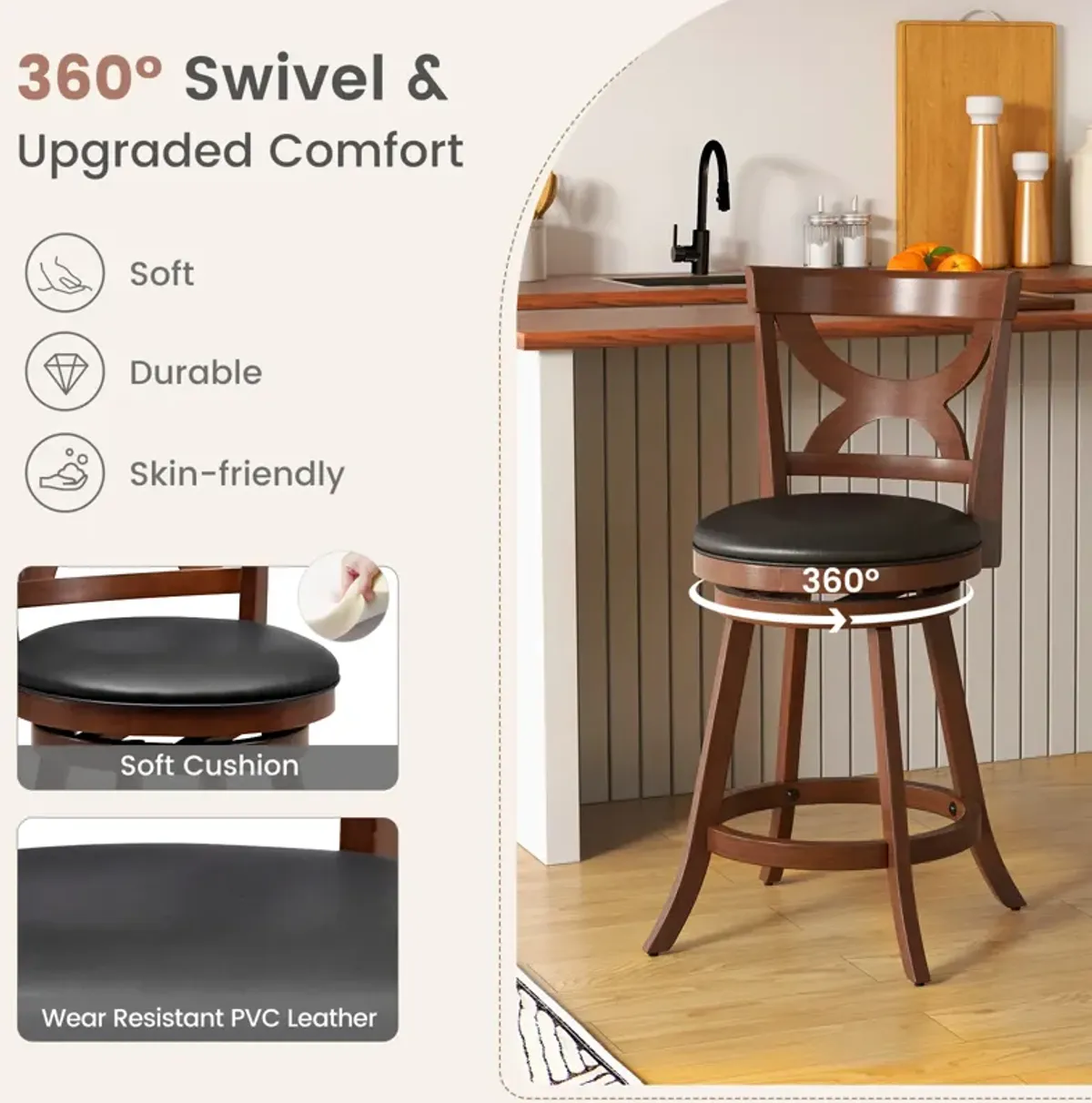 Swivel Bar Stools Set of 2 with Soft Cushion and Elegant Hollow Backrest