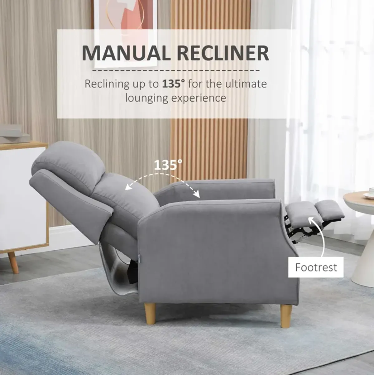 Grey Living Room Relaxation: Manual Recliner Chair with Thick Cushion