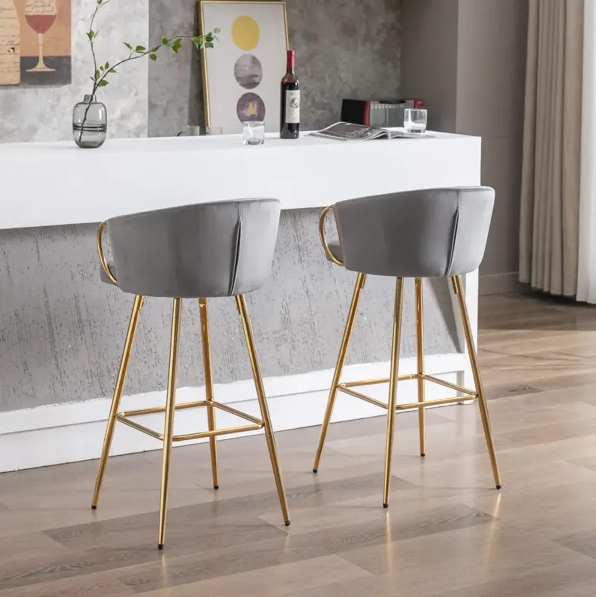 30 Inch Set Of 2 Bar Stools, With Chrome Footrest And Base Velvet + Leg Simple Barstool