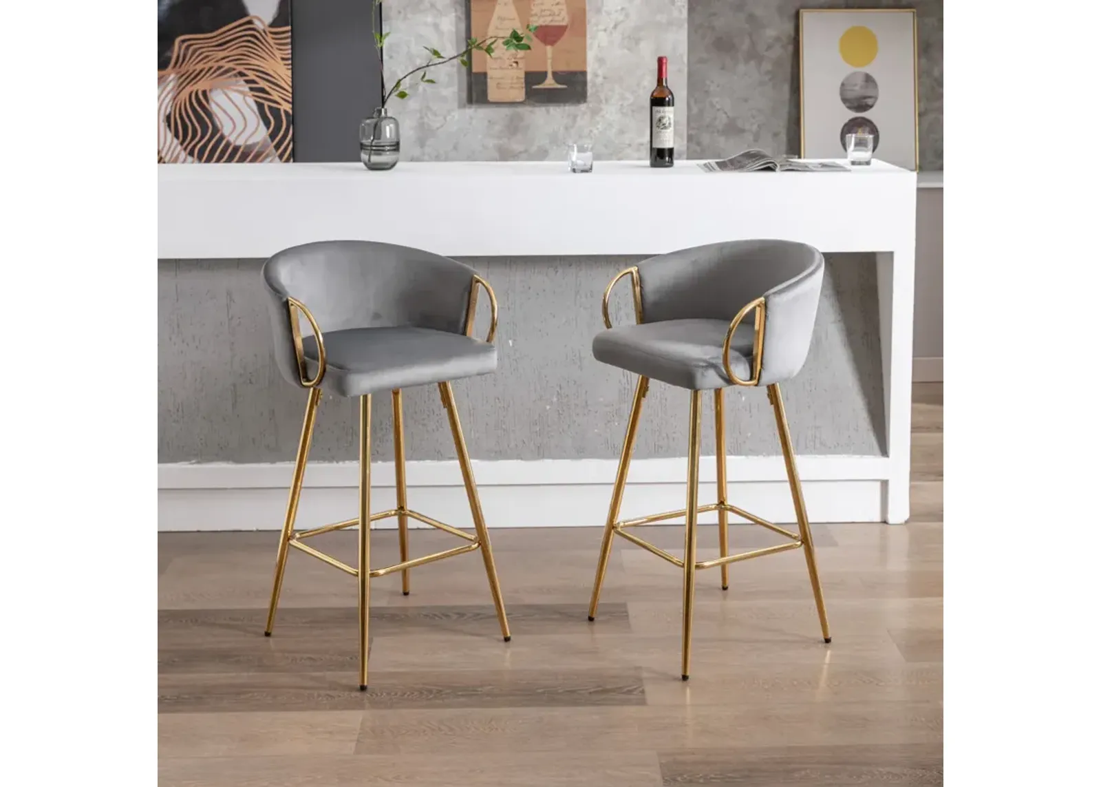 30 Inch Set Of 2 Bar Stools, With Chrome Footrest And Base Velvet + Leg Simple Barstool