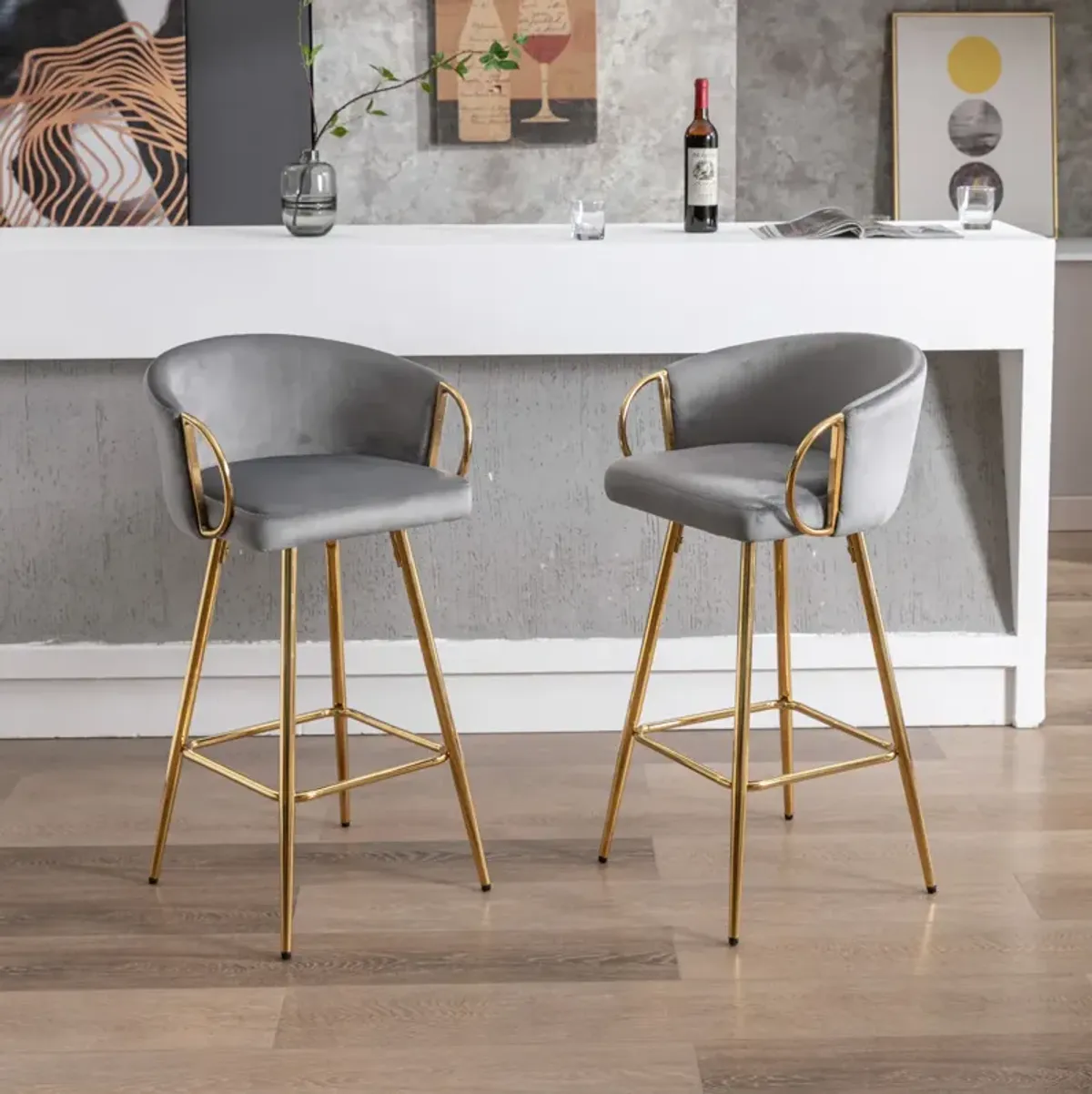 30 Inch Set Of 2 Bar Stools, With Chrome Footrest And Base Velvet + Leg Simple Barstool