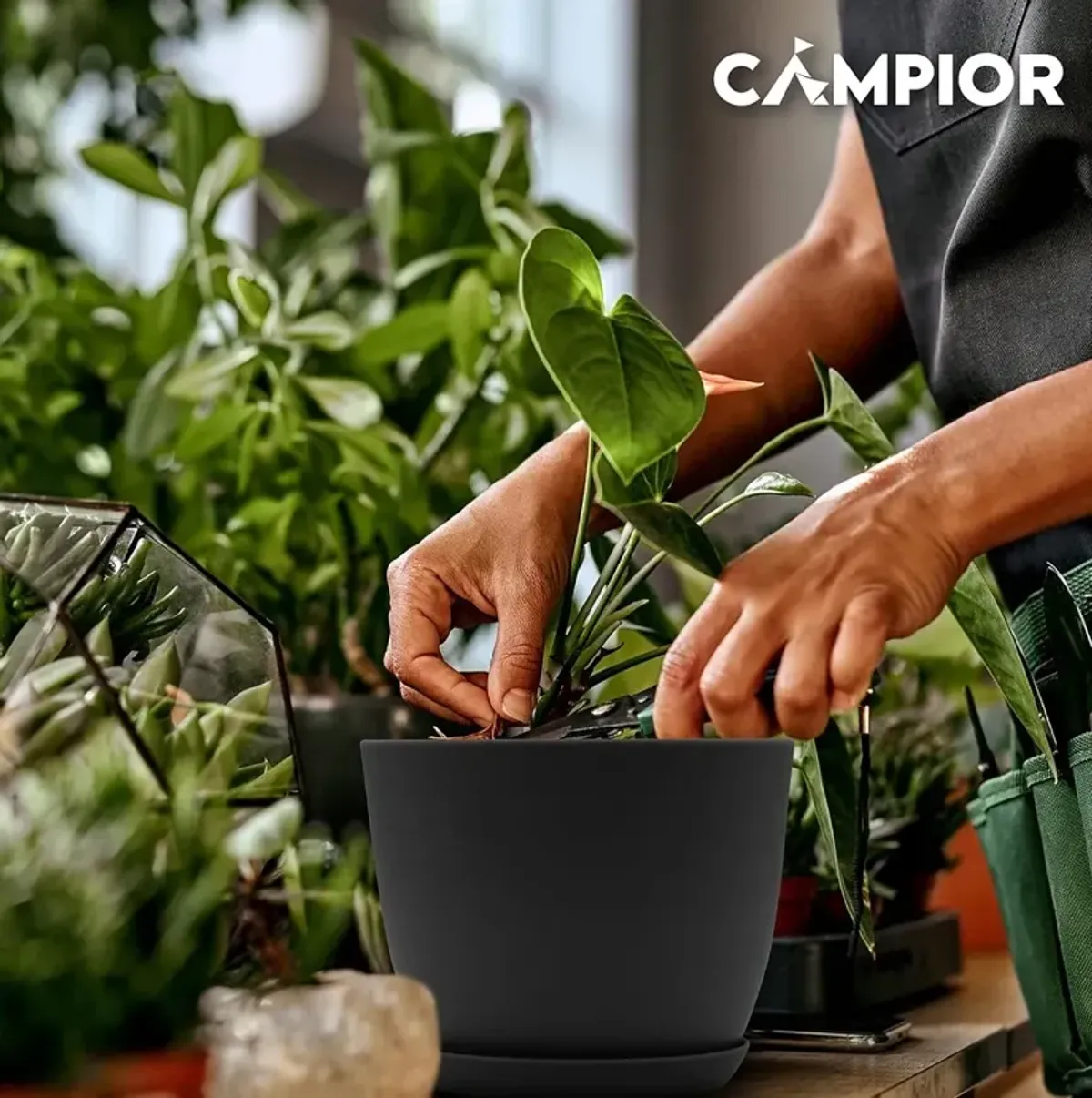 Campior Plastic Plant Pots with Drainage - Home Decor Flower Pot, Stackable Design for Indoor & Outdoor Use, Lightweight and Sturdy, Space-Saving, (7”, 6.6”, 6”, 5.3”, 4.8” Inches), Pack of 10, Black