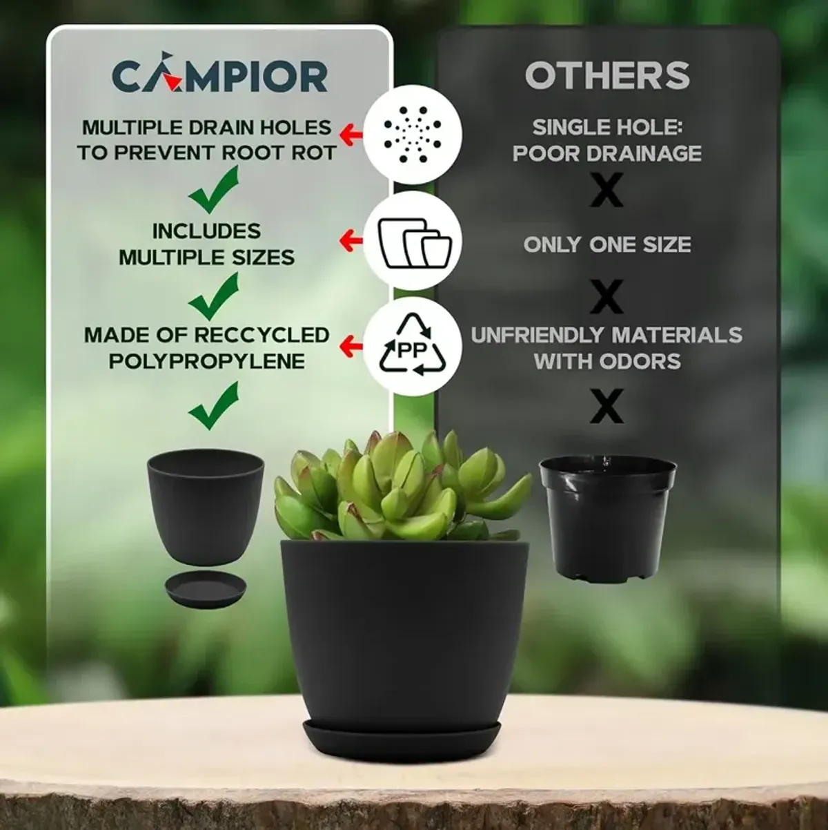 Campior Plastic Plant Pots with Drainage - Home Decor Flower Pot, Stackable Design for Indoor & Outdoor Use, Lightweight and Sturdy, Space-Saving, (7”, 6.6”, 6”, 5.3”, 4.8” Inches), Pack of 10, Black