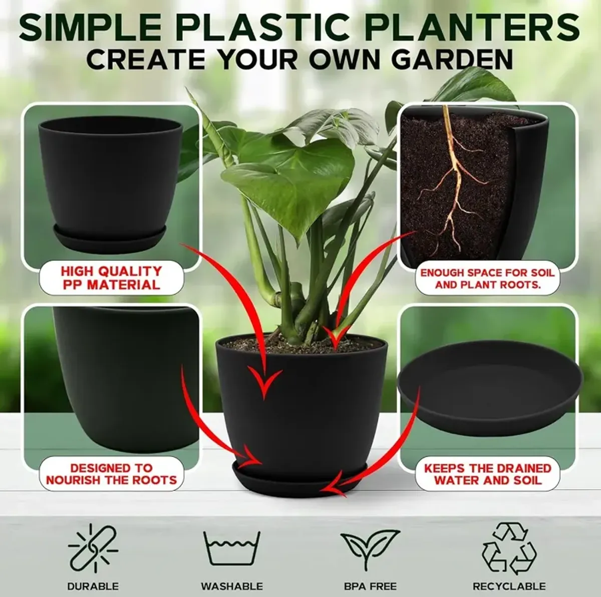 Campior Plastic Plant Pots with Drainage - Home Decor Flower Pot, Stackable Design for Indoor & Outdoor Use, Lightweight and Sturdy, Space-Saving, (7”, 6.6”, 6”, 5.3”, 4.8” Inches), Pack of 10, Black