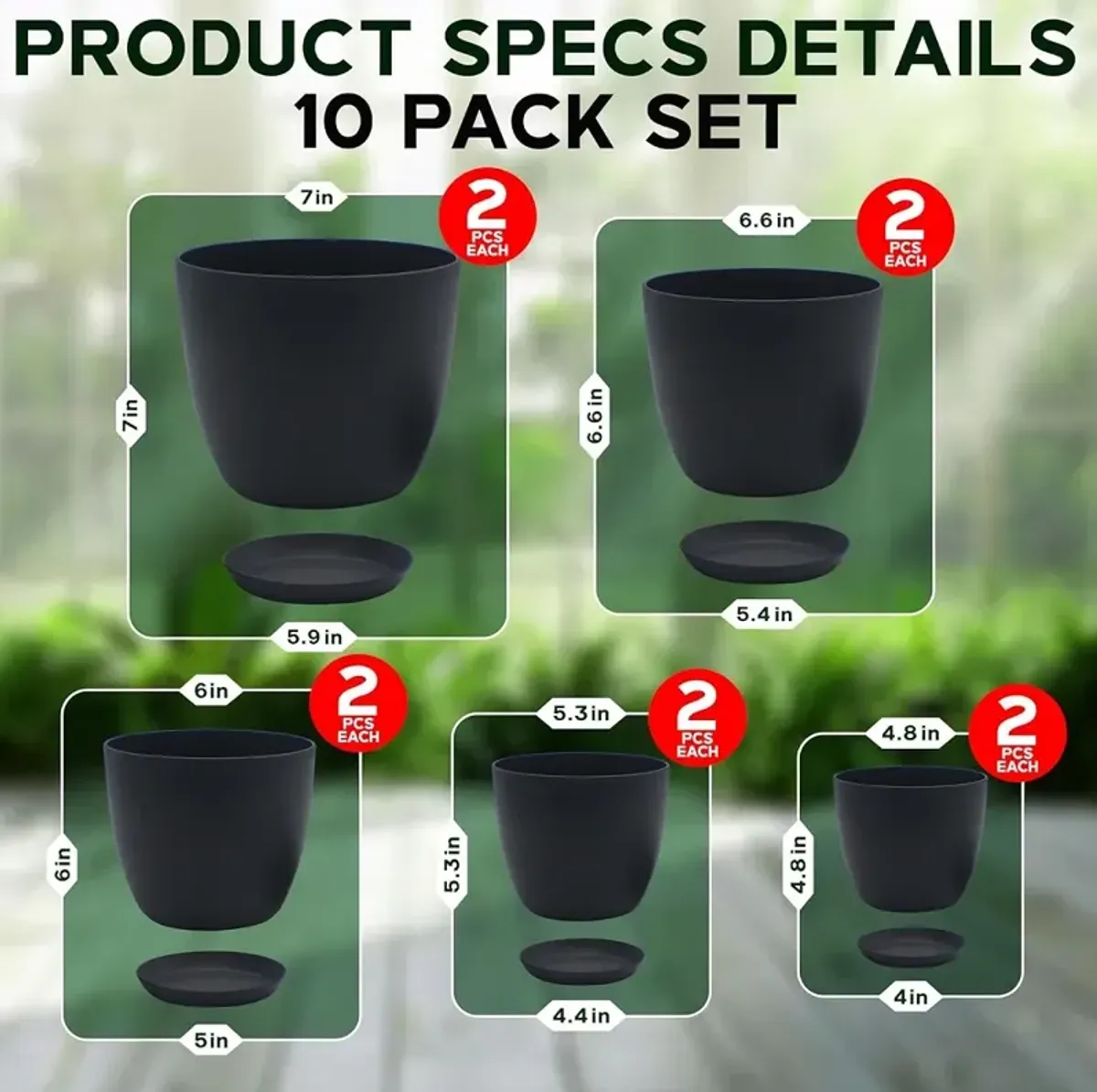 Campior Plastic Plant Pots with Drainage - Home Decor Flower Pot, Stackable Design for Indoor & Outdoor Use, Lightweight and Sturdy, Space-Saving, (7”, 6.6”, 6”, 5.3”, 4.8” Inches), Pack of 10, Black