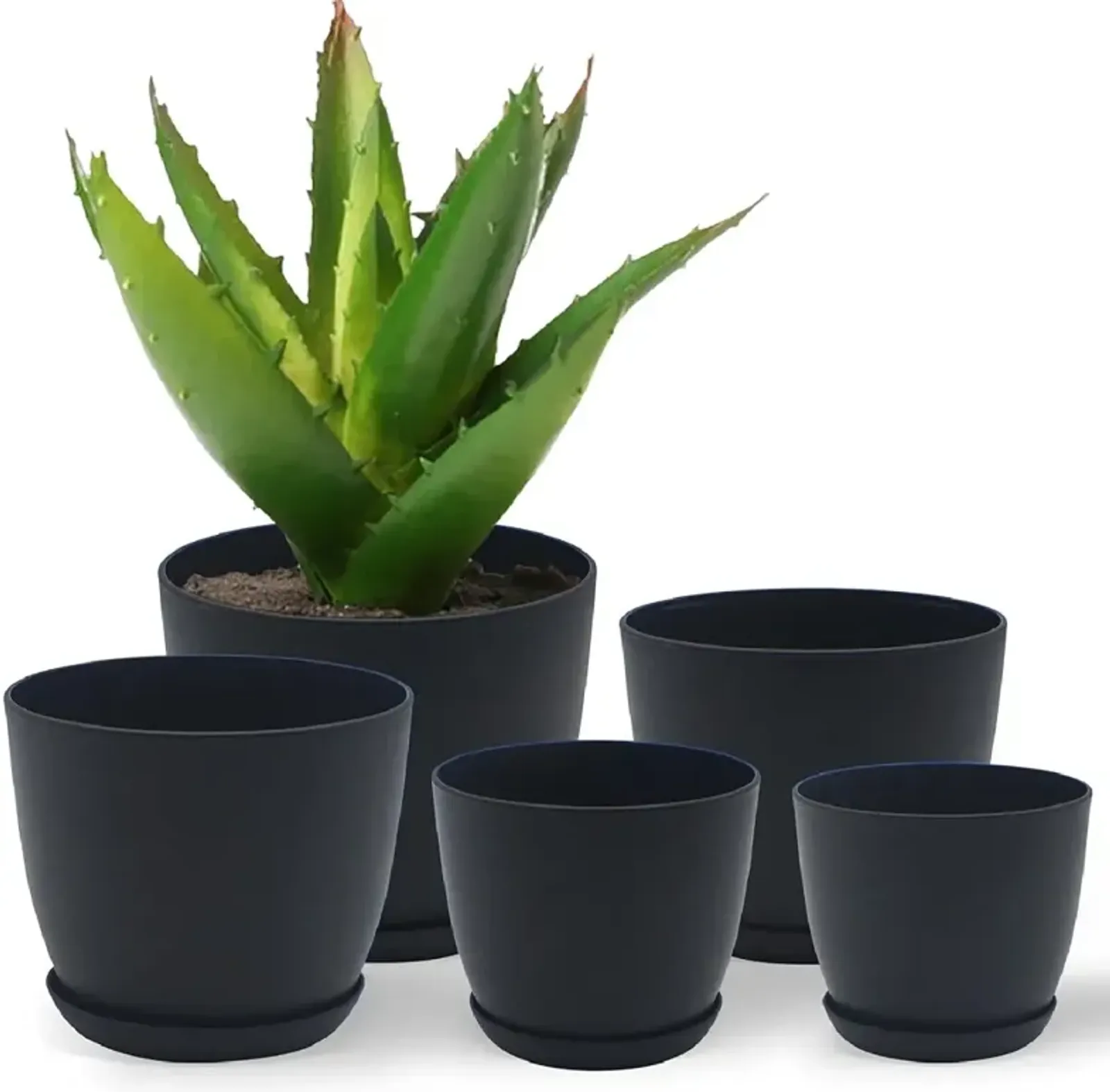 Campior Plastic Plant Pots with Drainage - Home Decor Flower Pot, Stackable Design for Indoor & Outdoor Use, Lightweight and Sturdy, Space-Saving, (7”, 6.6”, 6”, 5.3”, 4.8” Inches), Pack of 10, Black