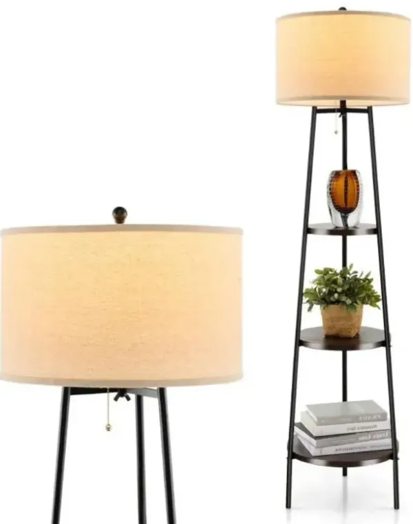 Hivvago Modern Floor Lamp 3-Tier Bookcase Shelf with Round Drum Linen Lampshade