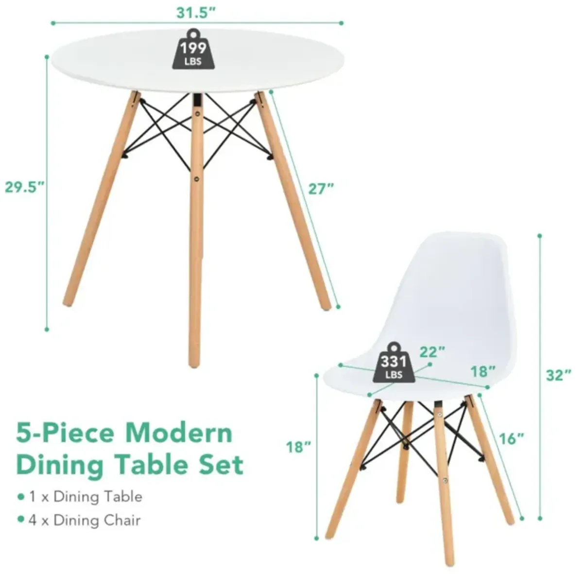 Hivvago 5 Pieces Table Set With Solid Wood Leg For Dining Room-White