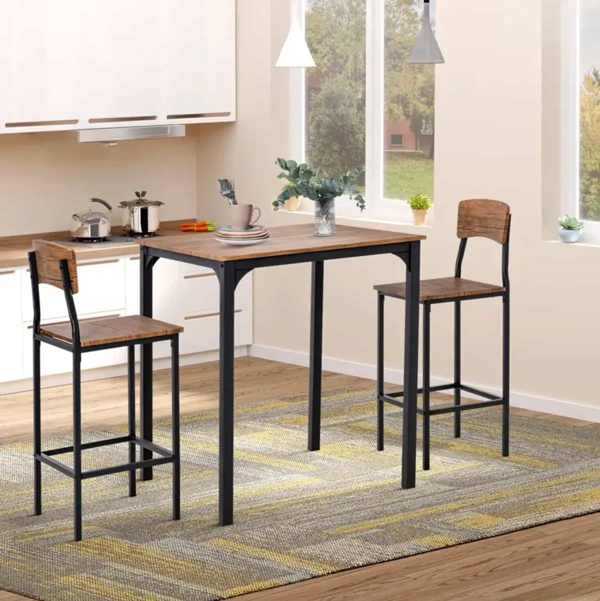 Black Industrial Dining: 3-Piece Counter Height Bar Table Set