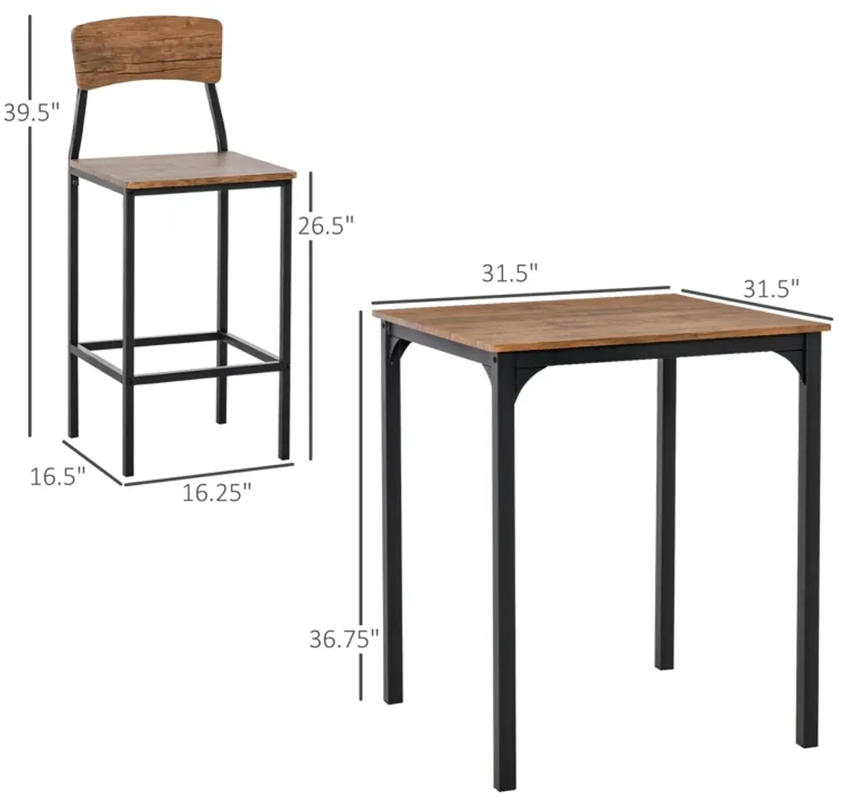 Black Industrial Dining: 3-Piece Counter Height Bar Table Set