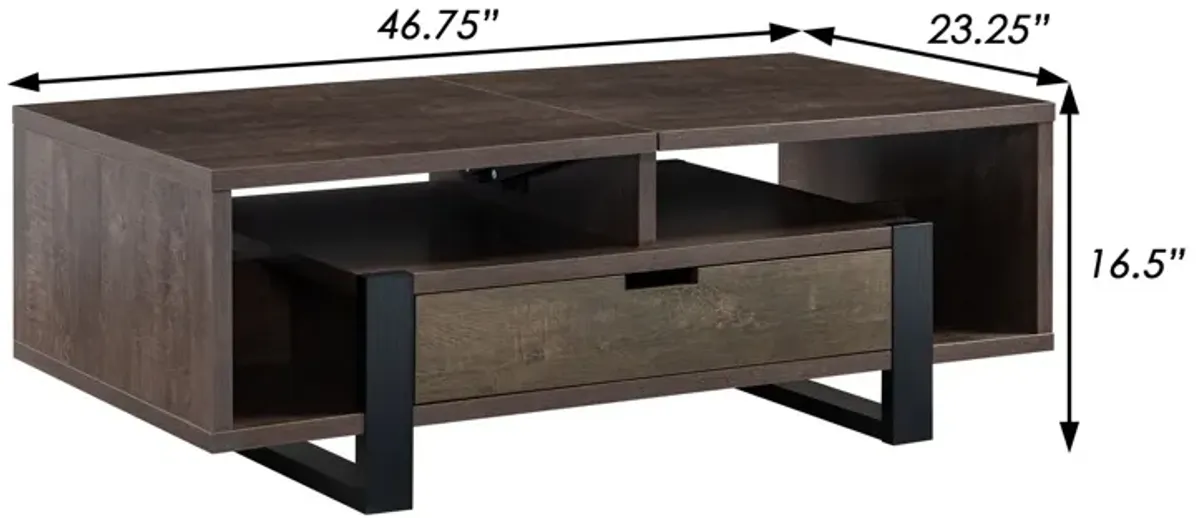 47 Inch Modern Coffee Table, 1 Drawer, 4 Shelves, Half Lift Top, Brown-Benzara