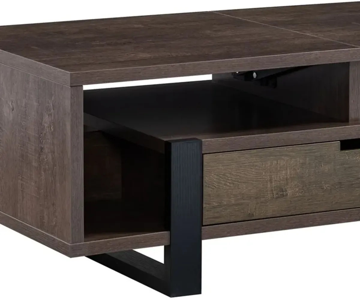 47 Inch Modern Coffee Table, 1 Drawer, 4 Shelves, Half Lift Top, Brown-Benzara