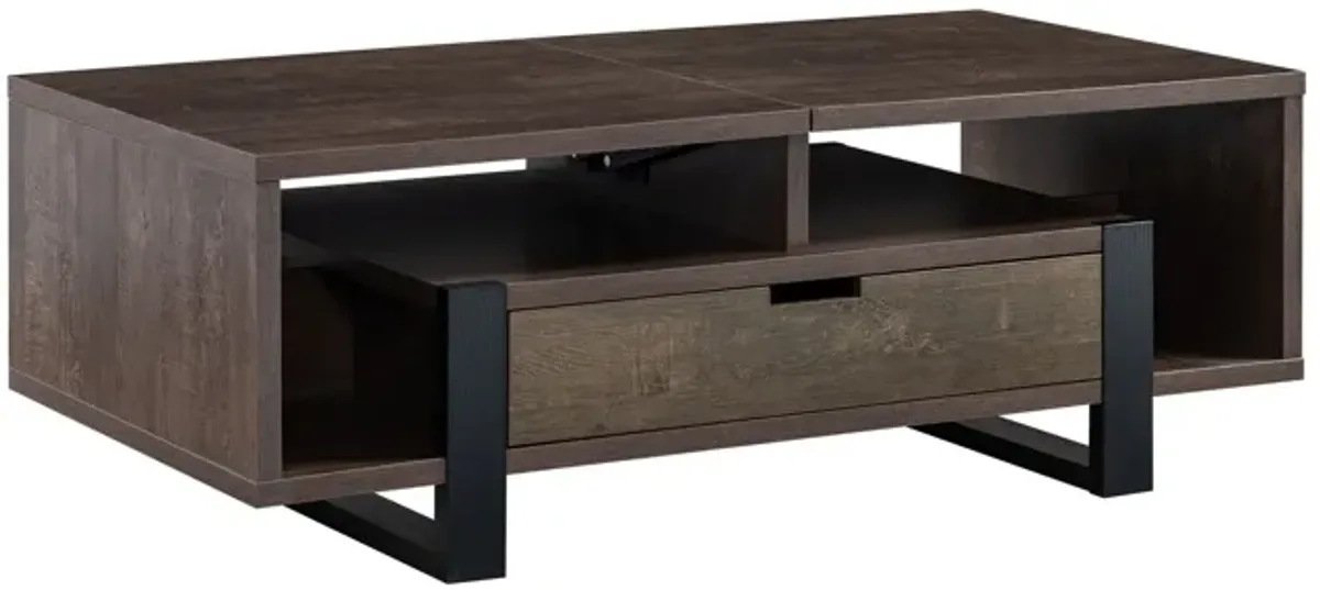 47 Inch Modern Coffee Table, 1 Drawer, 4 Shelves, Half Lift Top, Brown-Benzara