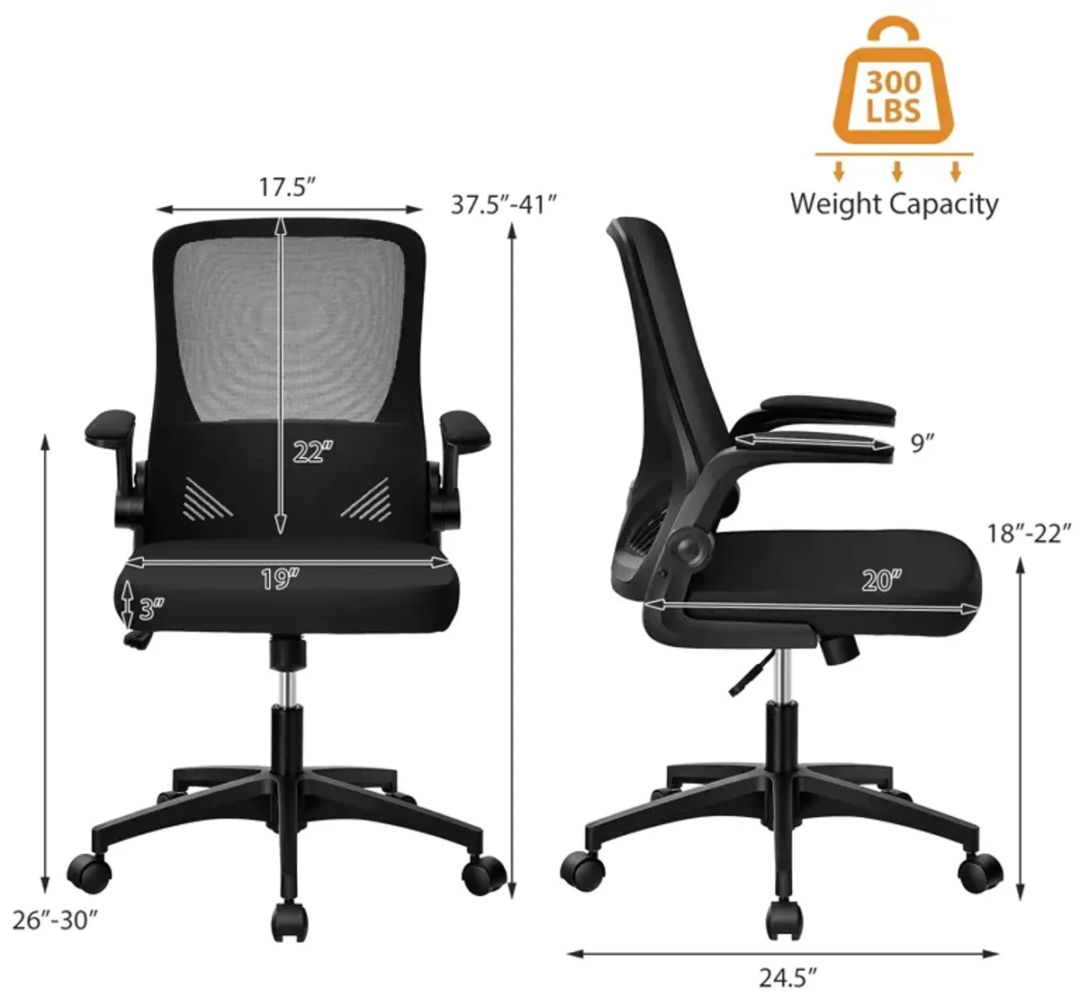 Swivel Mesh Office Chair with Foldable Backrest and Flip-Up Arms-Black