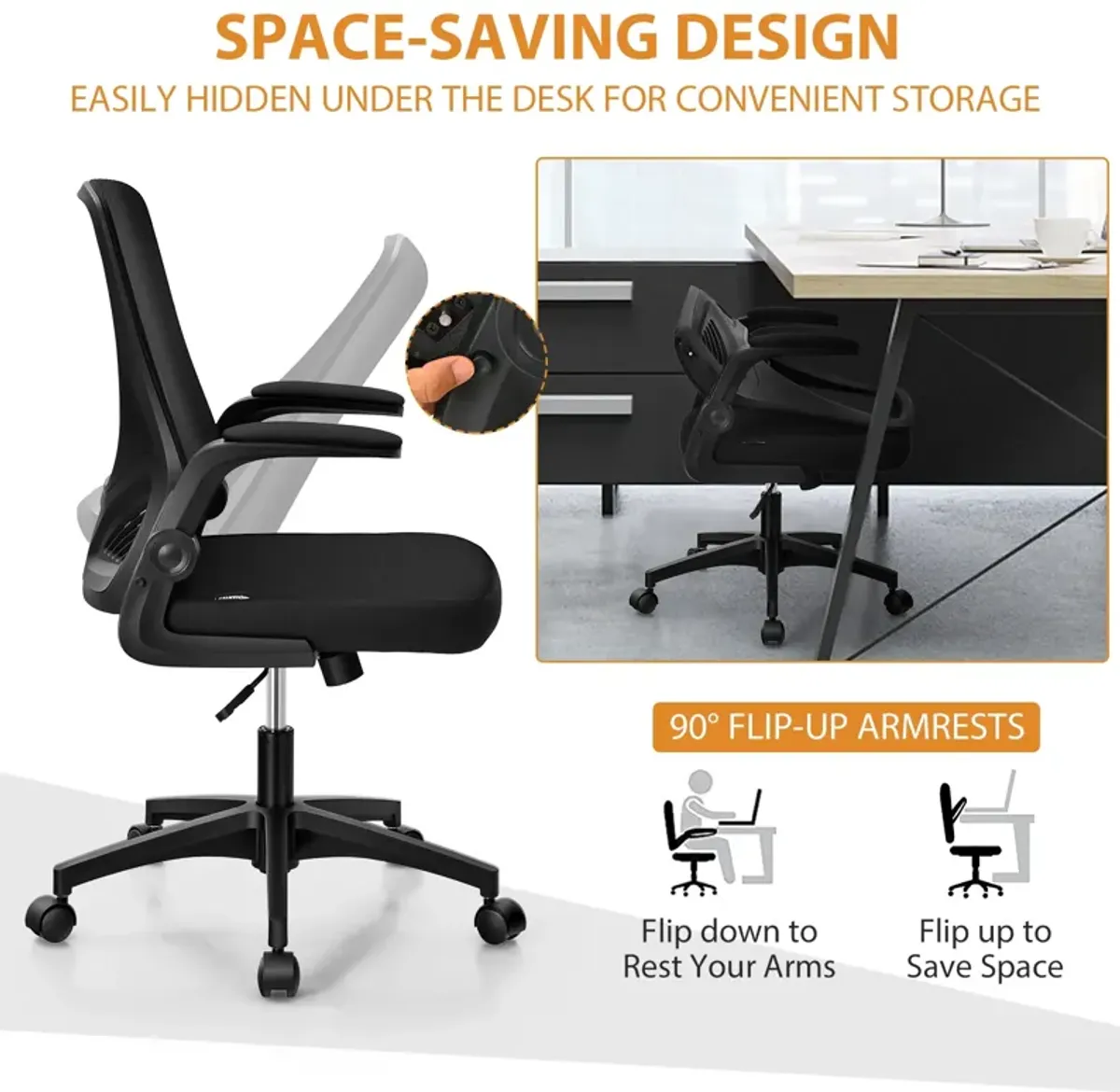 Swivel Mesh Office Chair with Foldable Backrest and Flip-Up Arms-Black