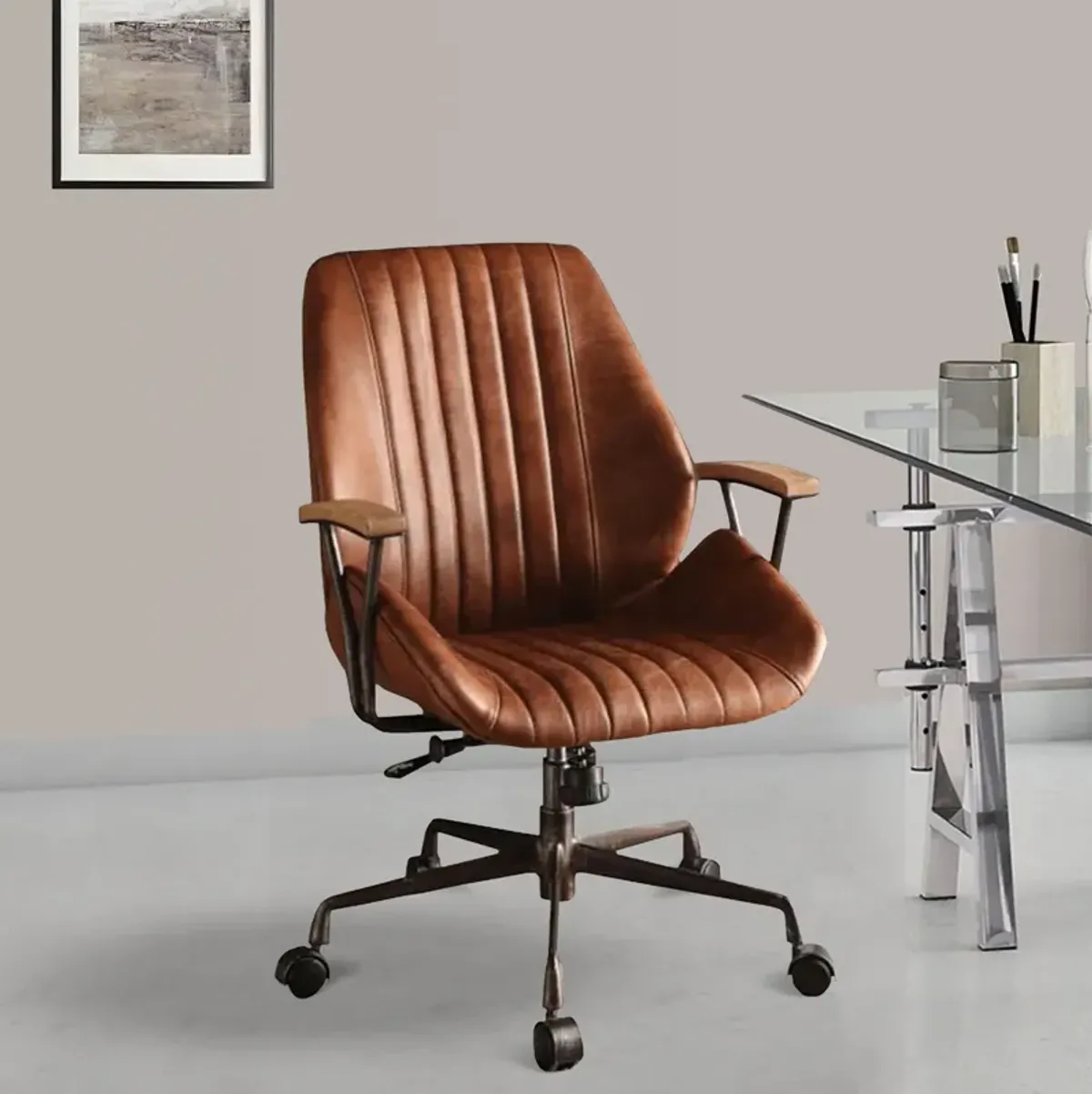 Metal & Leather Executive Office Chair, Cocoa Brown-Benzara