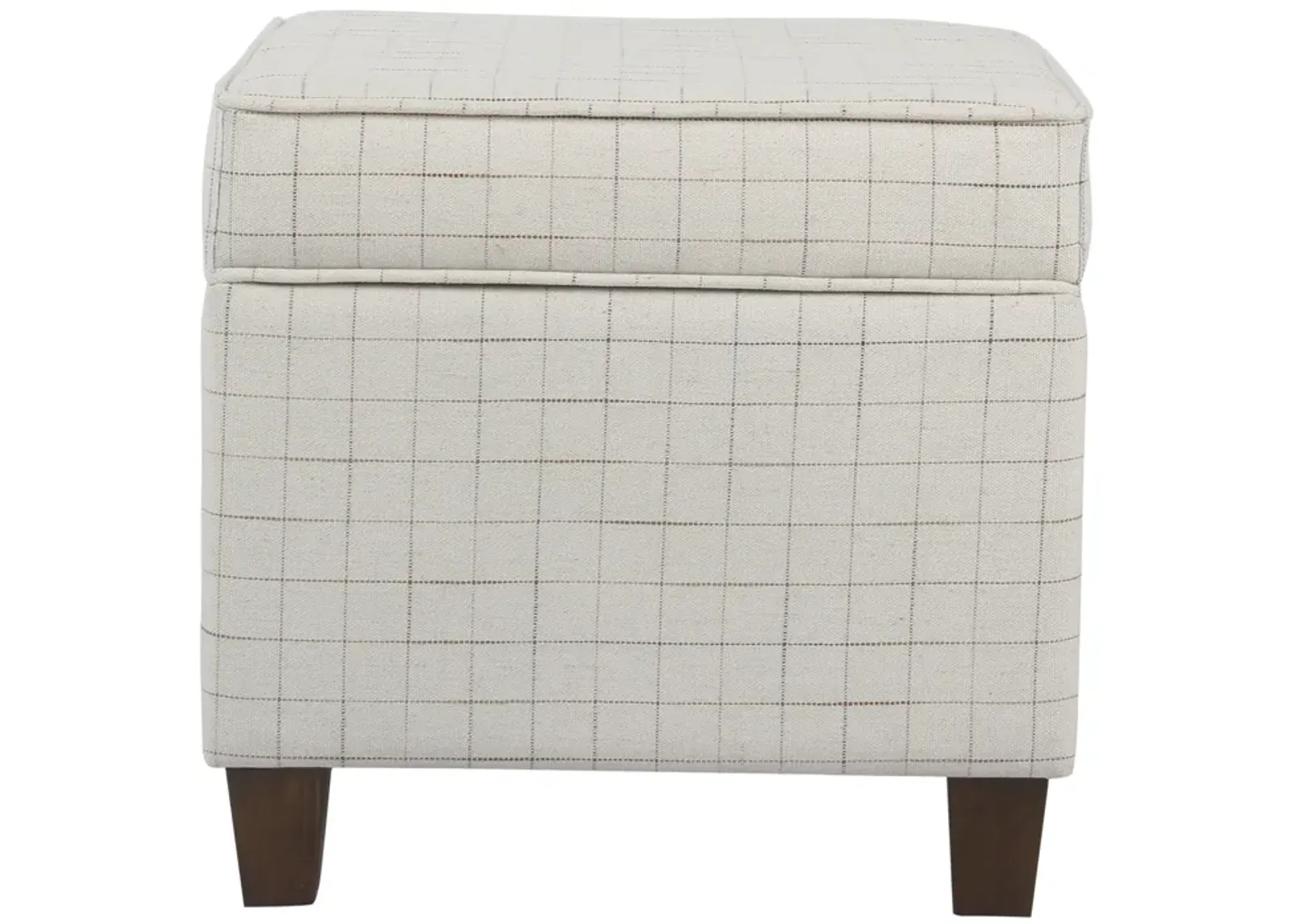 Wooden Square Ottoman with Grid Patterned Fabric Upholstery and Hidden Storage, Beige and Brown - Benzara