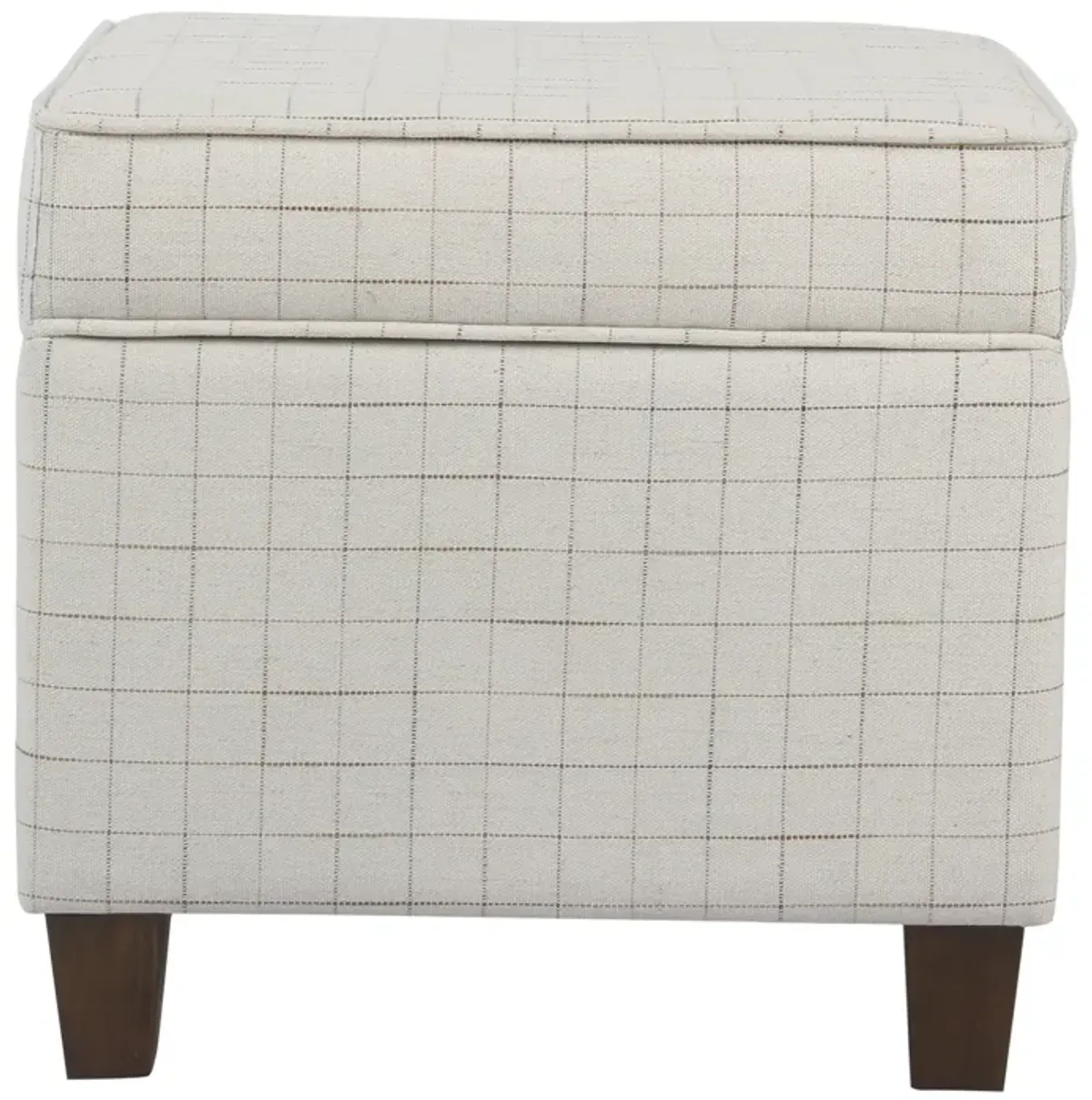 Wooden Square Ottoman with Grid Patterned Fabric Upholstery and Hidden Storage, Beige and Brown - Benzara