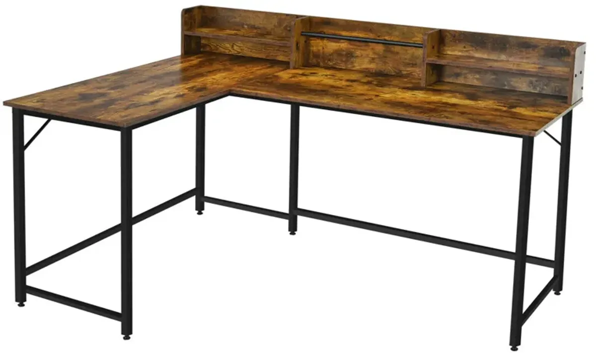 Costway 65.5'' L-shaped Computer Desk Home Office Corner Table w/Bookshelf Rustic