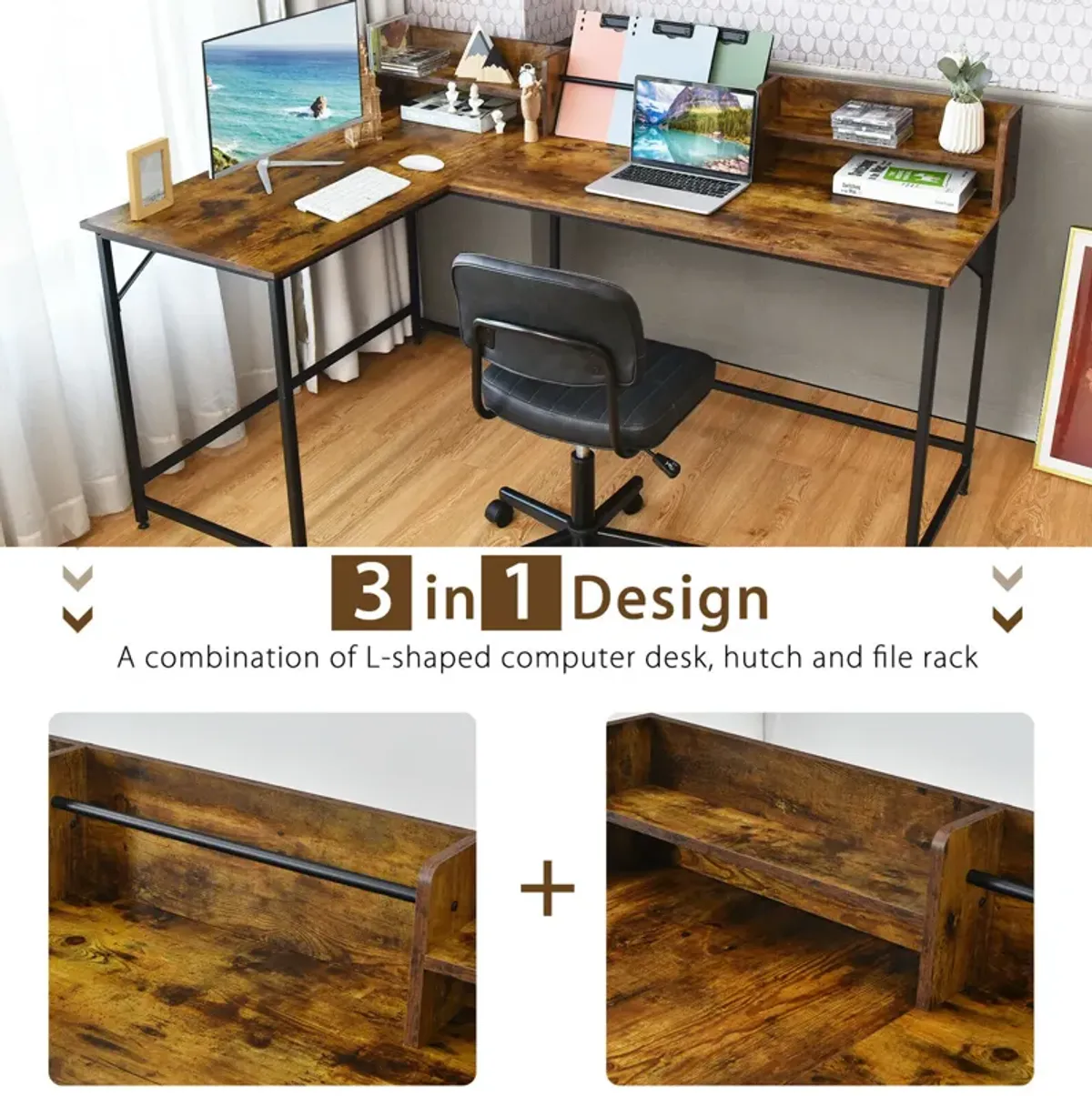 Costway 65.5'' L-shaped Computer Desk Home Office Corner Table w/Bookshelf Rustic