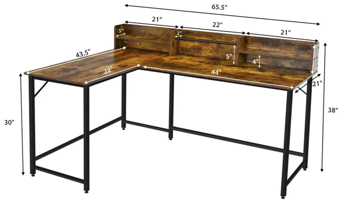 Costway 65.5'' L-shaped Computer Desk Home Office Corner Table w/Bookshelf Rustic