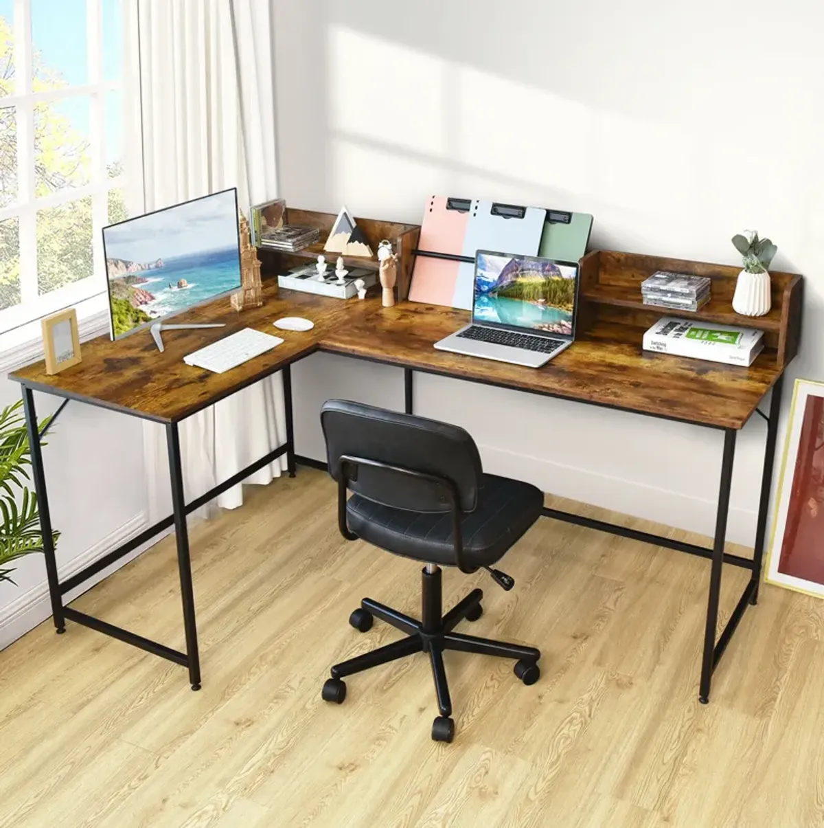 Costway 65.5'' L-shaped Computer Desk Home Office Corner Table w/Bookshelf Rustic