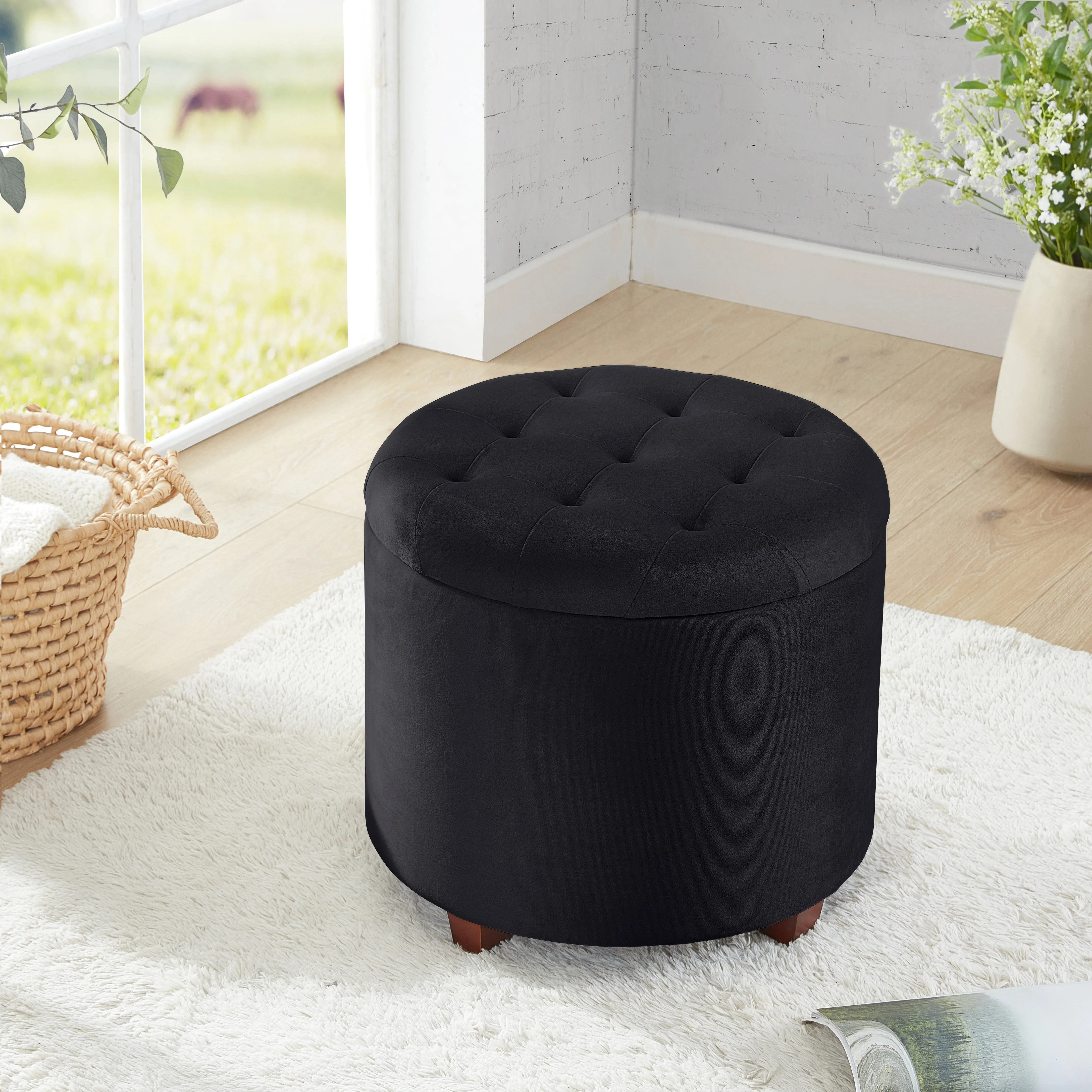 Donovan Round Tufted Linen Storage Ottoman