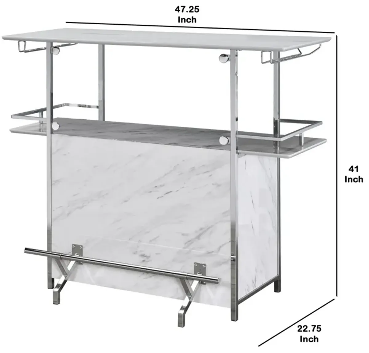 Bar Table with Faux Marble and Chrome Finish, White and Silver-Benzara