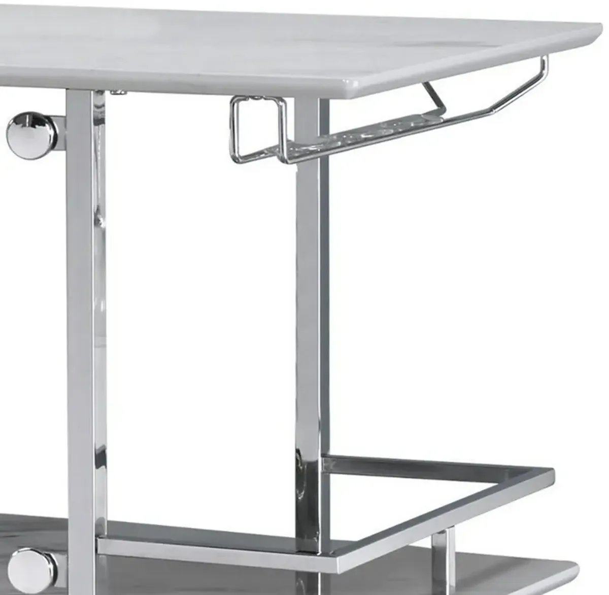 Bar Table with Faux Marble and Chrome Finish, White and Silver-Benzara