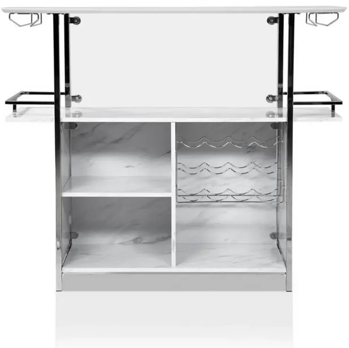 Bar Table with Faux Marble and Chrome Finish, White and Silver-Benzara