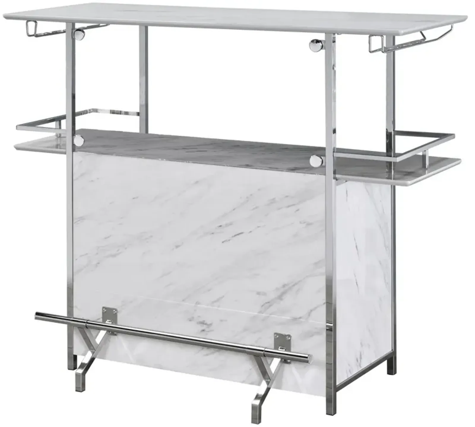 Bar Table with Faux Marble and Chrome Finish, White and Silver-Benzara