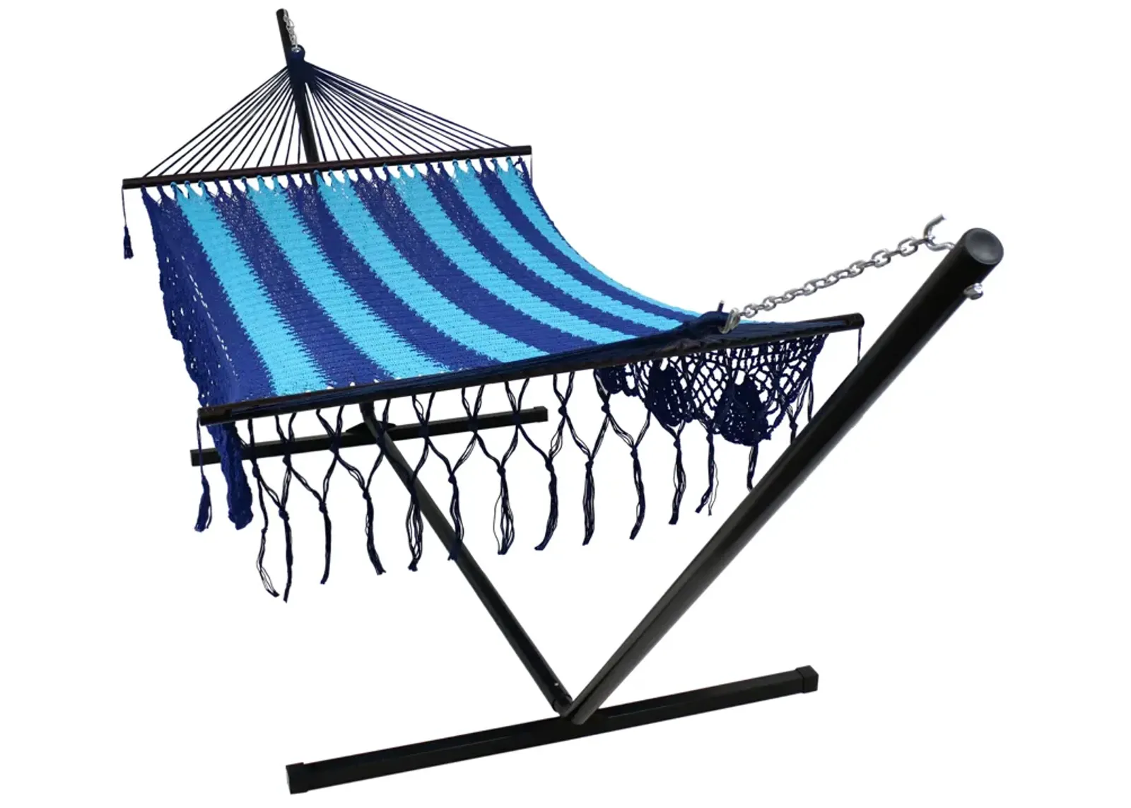 Sunnydaze 2-Person Cotton/Nylon Hammock with Steel Stand and Fringe