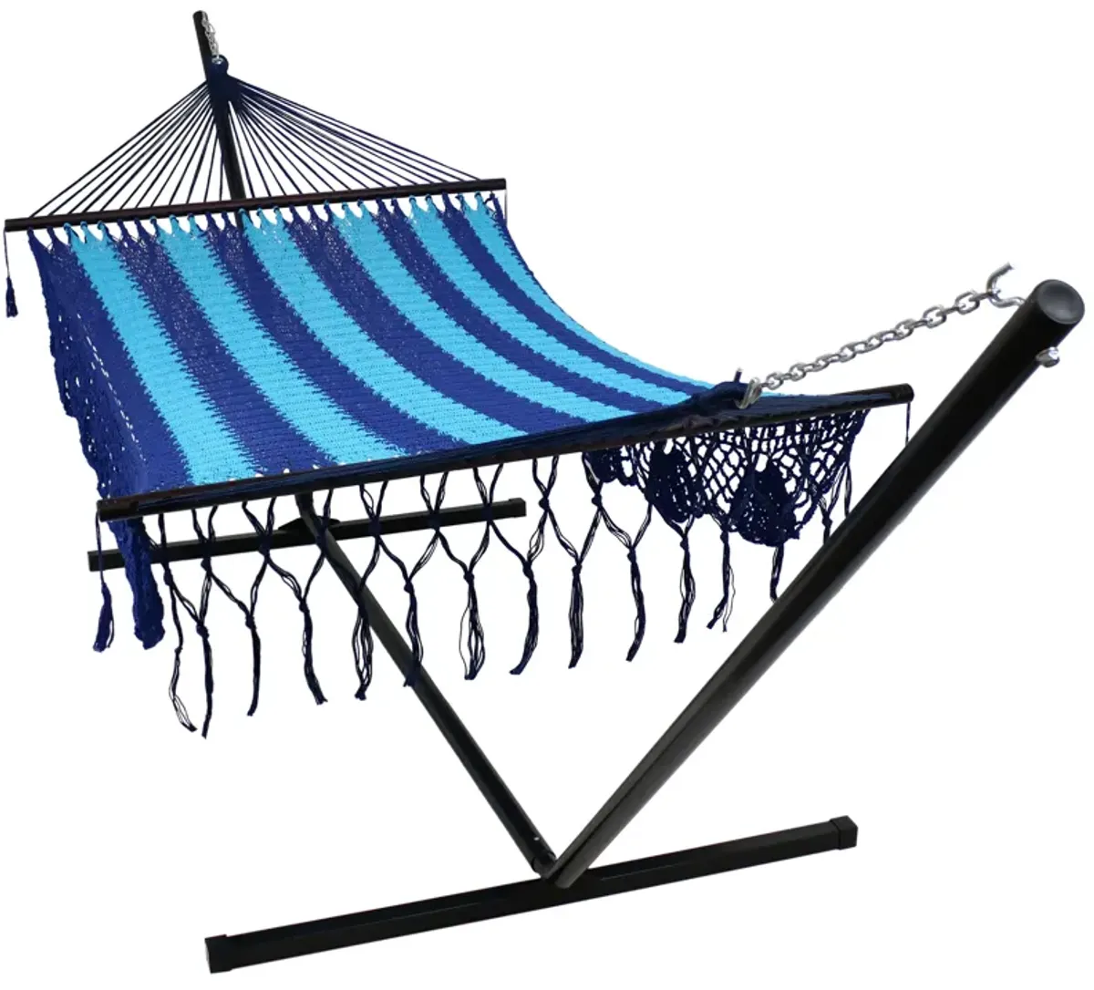 Sunnydaze 2-Person Cotton/Nylon Hammock with Steel Stand and Fringe