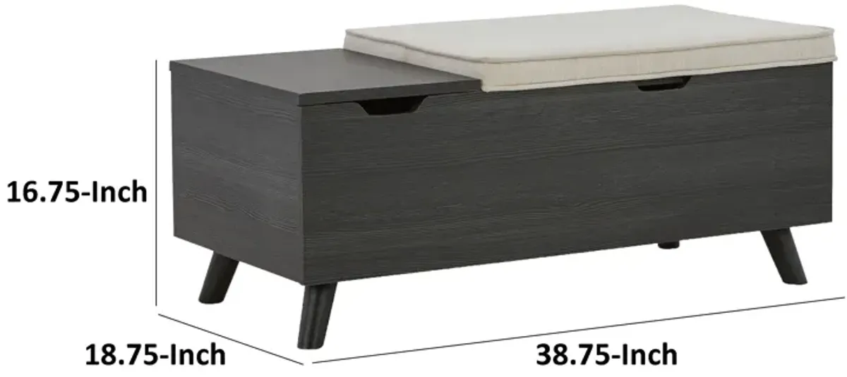 Yasmin Storage Bench, Black Gray Wood, Beige Polyester, Foam, 39 Inch - Benzara