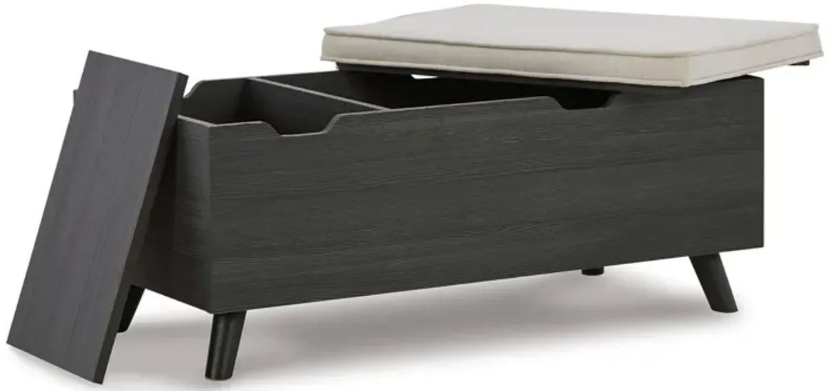 Yasmin Storage Bench, Black Gray Wood, Beige Polyester, Foam, 39 Inch - Benzara