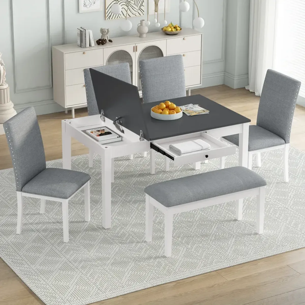 Merax Farmhouse 6-Piece Dining Table Set with Storage Bins