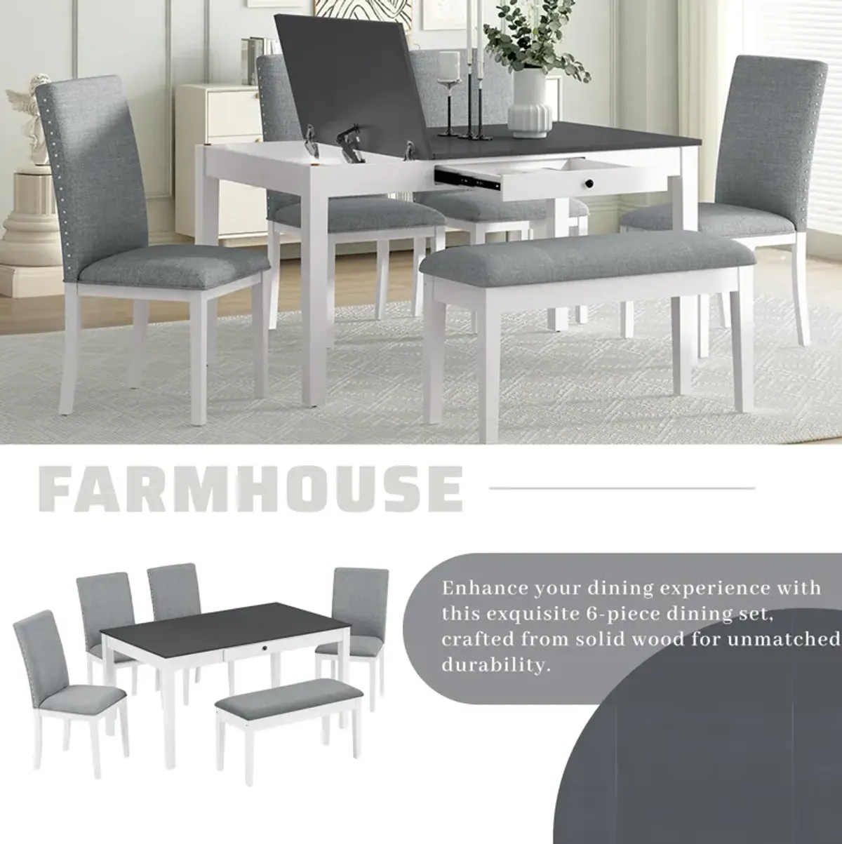 Merax Farmhouse 6-Piece Dining Table Set with Storage Bins