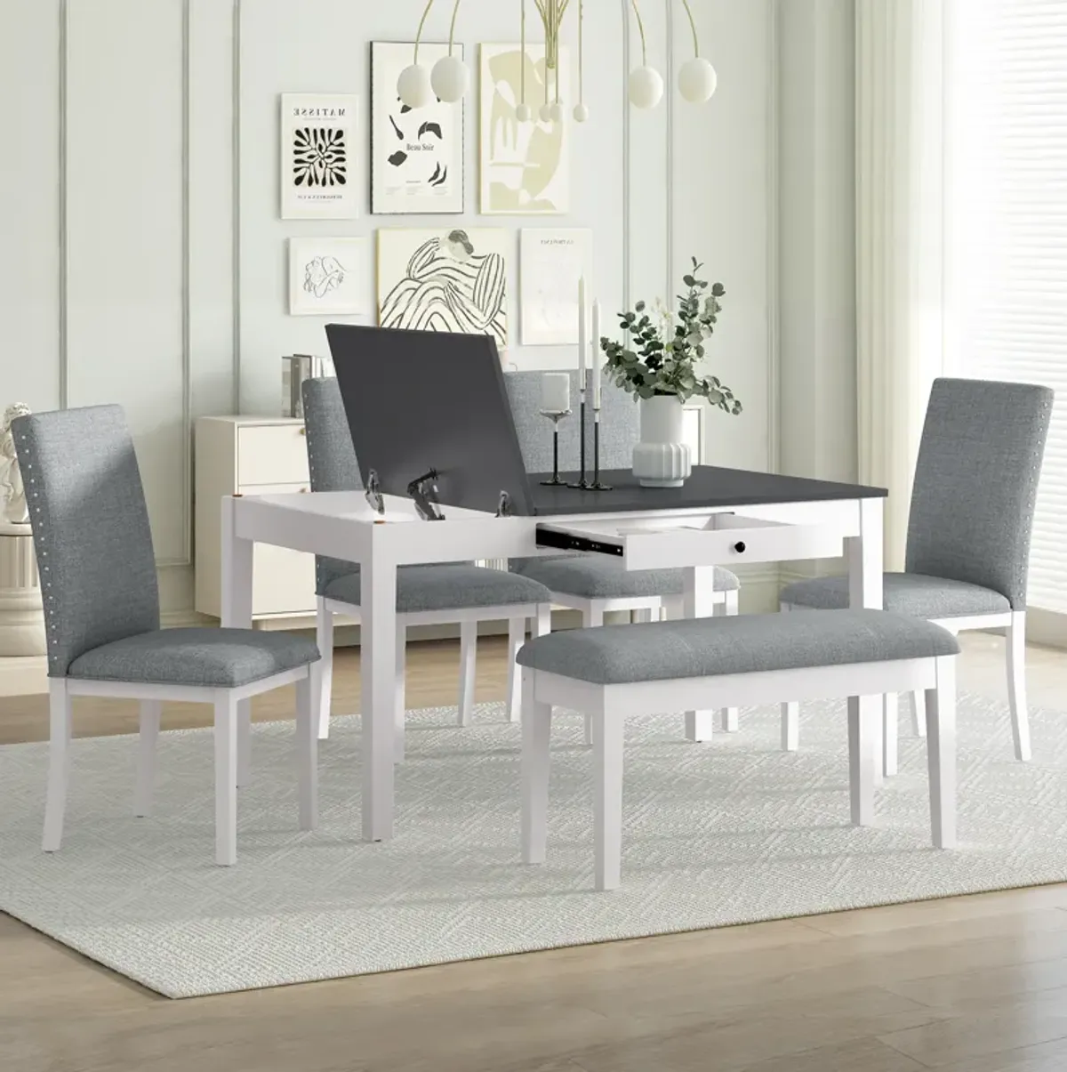 Merax Farmhouse 6-Piece Dining Table Set with Storage Bins