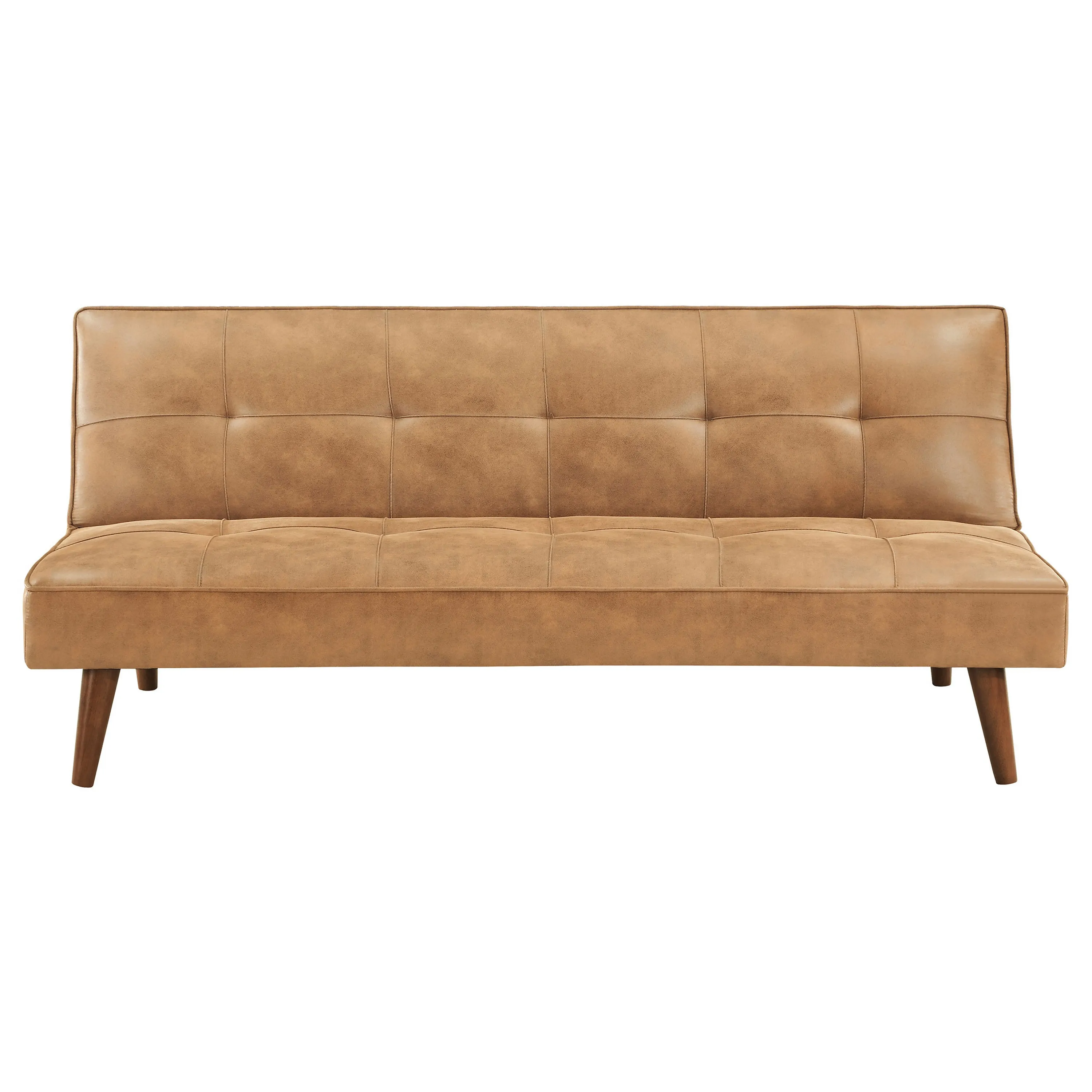 Sena Futon Convertible Sofa Bed Sleeper Couch, Light Brown Faux Leather - Benzara