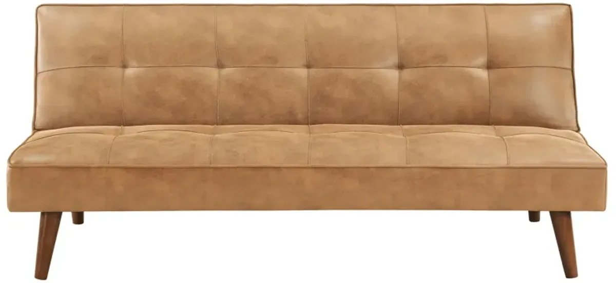 Sena Futon Convertible Sofa Bed Sleeper Couch, Light Brown Faux Leather - Benzara