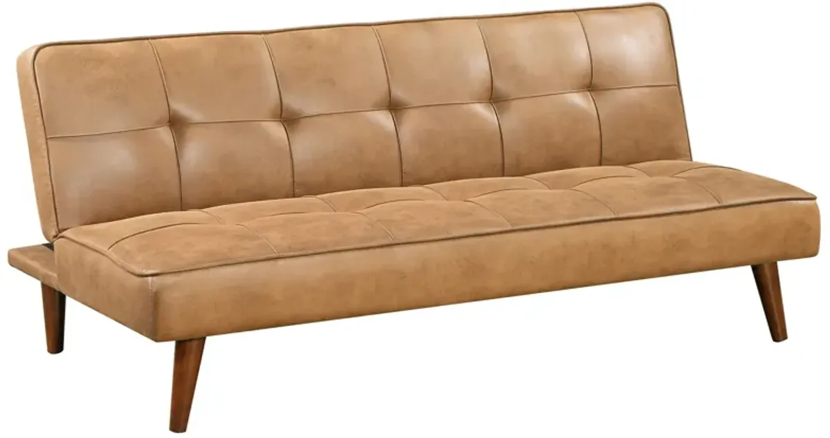 Sena Futon Convertible Sofa Bed Sleeper Couch, Light Brown Faux Leather - Benzara