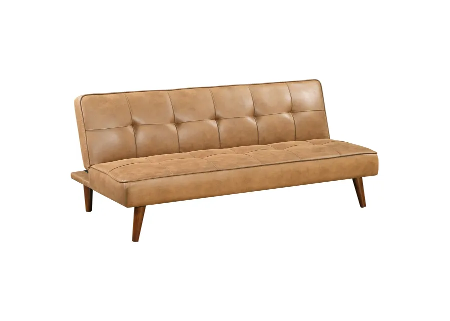 Sena Futon Convertible Sofa Bed Sleeper Couch, Light Brown Faux Leather - Benzara