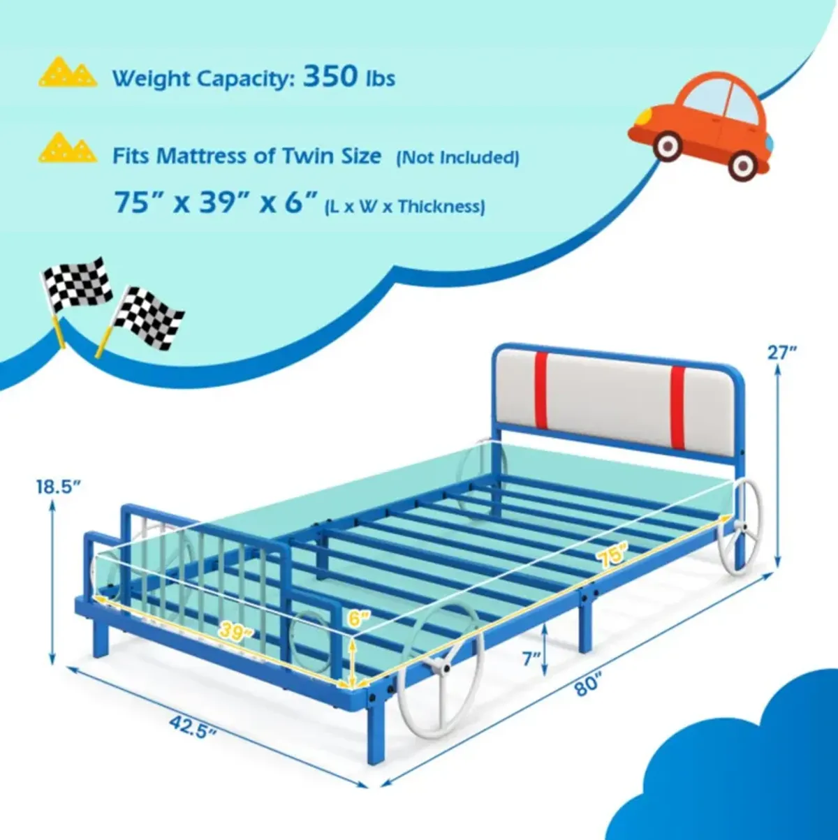 Hivvago Twin Size Kids Bed Frame Car Shaped Metal Platform Bed with Upholstered Headboard