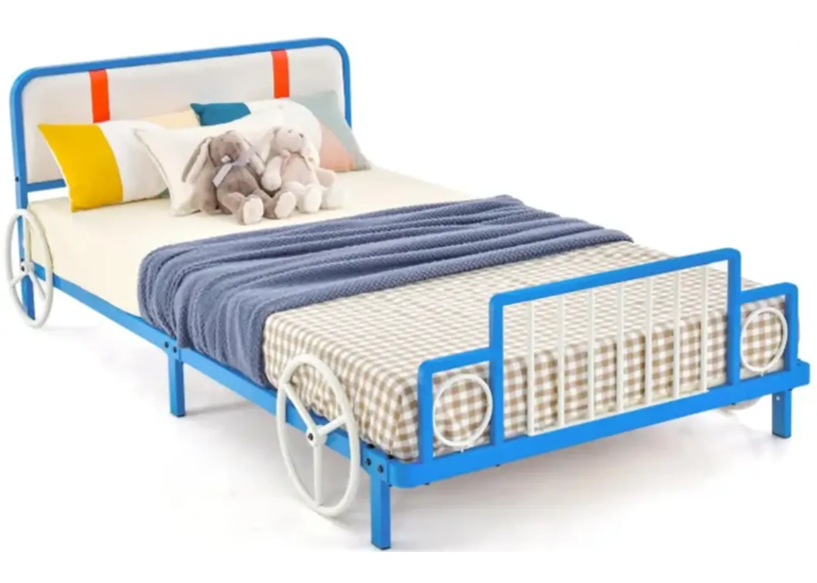 Hivvago Twin Size Kids Bed Frame Car Shaped Metal Platform Bed with Upholstered Headboard