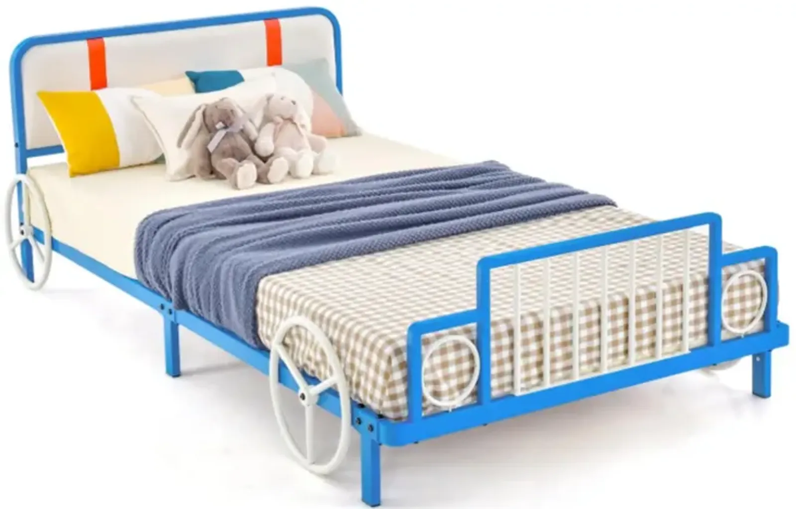 Hivvago Twin Size Kids Bed Frame Car Shaped Metal Platform Bed with Upholstered Headboard